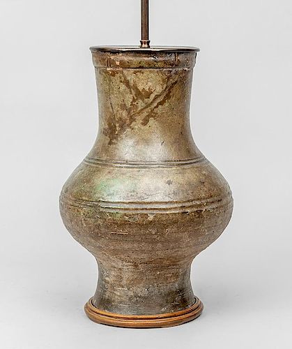 Han Type Green and Grey Pottery Vase, Mounted as a Lamp