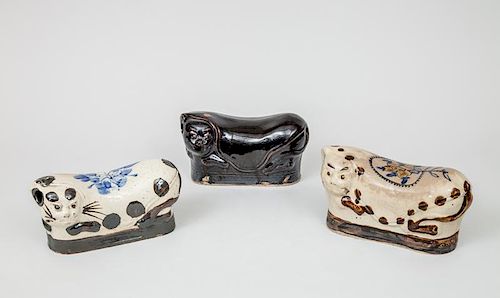 Three Chinese Glazed Pottery Cat-Form Pillows