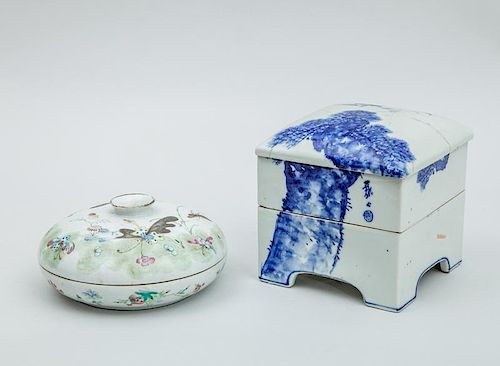 Famille Rose Porcelain Sauce Dish and Cover and a Japanese Blue and White Two-Tier Picnic Box