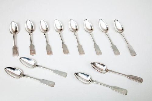 Set of Twelve American Monogrammed Silver Fiddle-Handled Table Spoons