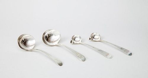 Pair of American Crested Silver Gravy Ladles and a Pair of Spouted Sauce Ladles