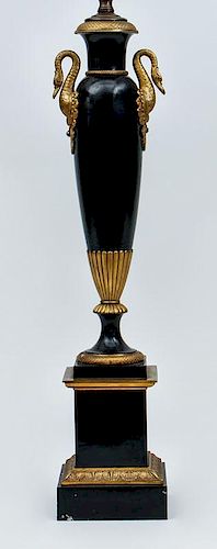 Empire Style Gilt-Metal-Mounted Black Tôle Peinte Urn, Mounted as a Lamp