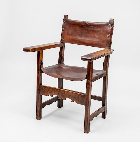 Continental Baroque Walnut and Leather Armchair