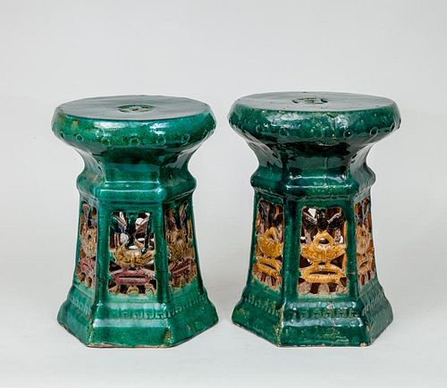 Assembled Pair of Chinese Green-Glazed Pottery Garden Stools