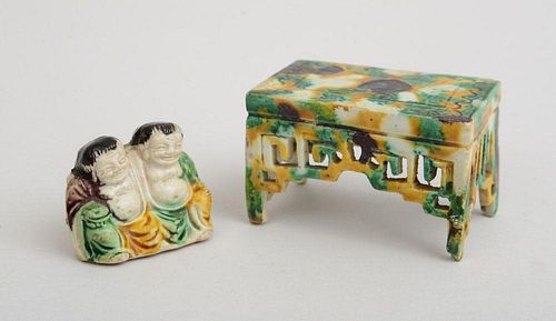 Chinese Sancai-Glazed Porcelain Figural Group and a Miniature Table