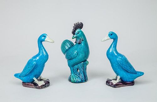 Chinese Turquoise Glazed Figure of a Rooster and a Pair of Turquoise Glazed Duck Figures