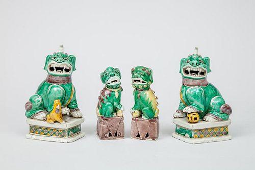 Two Pairs of Chinese Green Glazed Pottery Fu Dogs