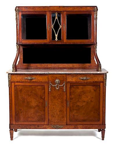A French Gilt Bronze Mounted Burlwood Serving Cabinet Height 78 1/2 x width 58 1/2 x depth 19 5/8 inches.