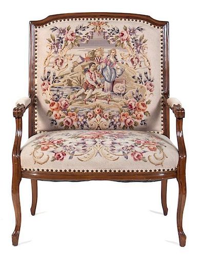 A Louis XVI Stlye Fauteuil Height 42 x width 32 x depth 21 inches.