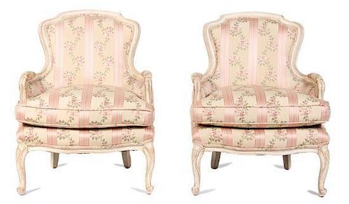 A Pair of Louis XV Style Painted Bergeres Height 34 inches.
