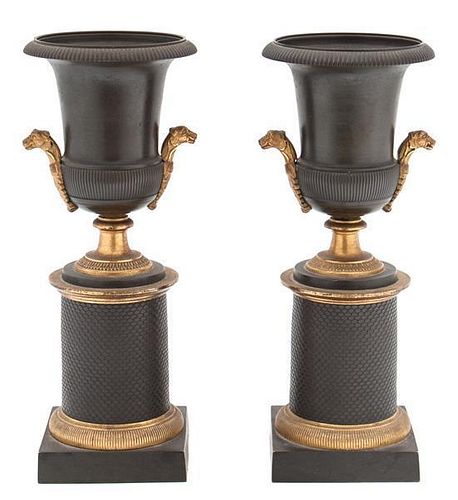 A Pair of Empire Gilt and Painted Bronze Urns Height 9 inches.