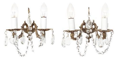 A Pair of Gilt Metal Two-Light Sconces Height 7 inches.