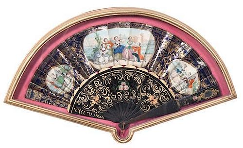 A Group of Three French Painted Paper Fans Width of first 19 inches.