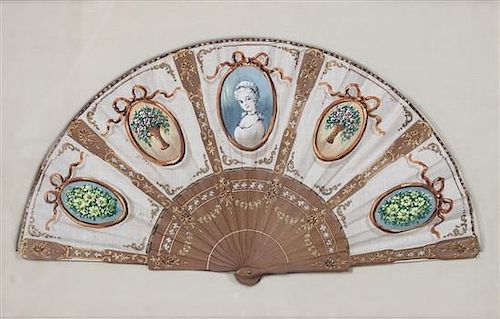 Five French Painted Paper Fans Width of first 15 1/2 inches.