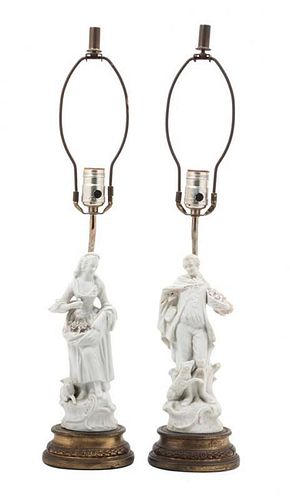 Two Blanc de Chine Porcelain Figures Height overall 25 inches.