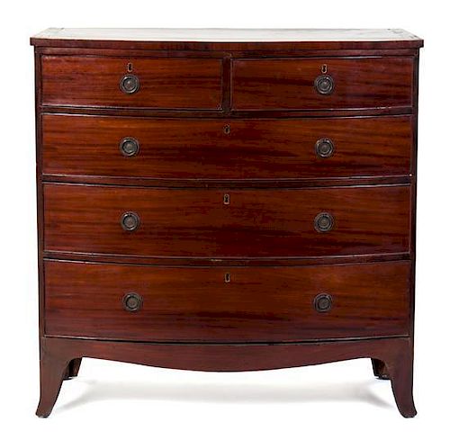 An American Mahogany Bowfront Chest of Drawers Height 41 x width 40 1/2 x depth 20 1/2 inches.