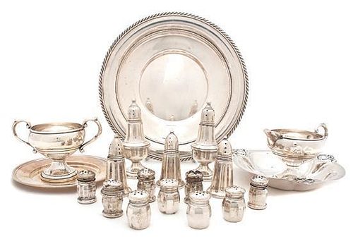 An Assembled Set of Silver Table Articles Diameter of largest platter 10 inches.