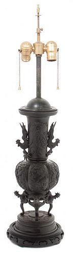 A Japanese Bronze Vase Mounted as a Lamp Height 31 inches.