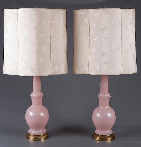 Warren Kessler Pink Opaline Glass Lamps Pair