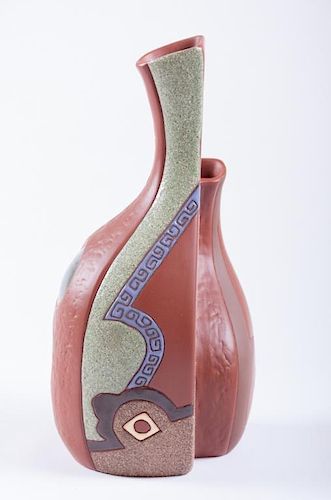 Double Stem Pottery Vase, Abstract Design