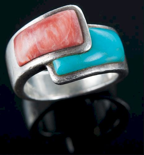 Turquoise & Agate Sterling Bypass Ring