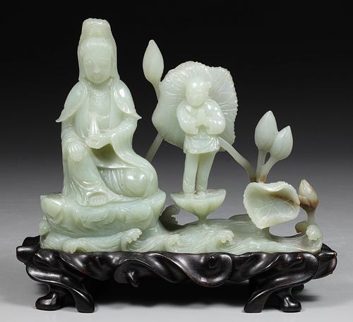 Elaborate Chinese Celadon Jade Carving of Guanyin