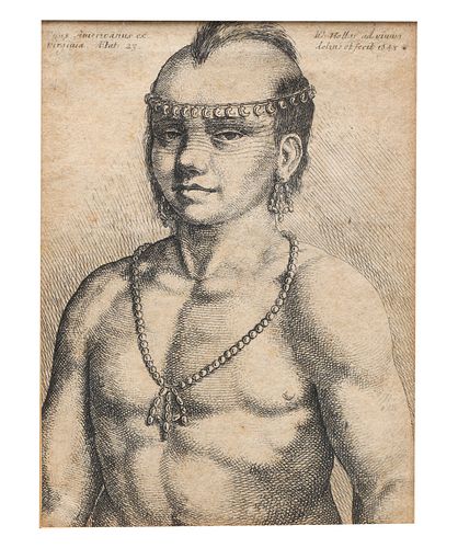 Etching Wenceslaus Hollar (1607-1677) Portrait of Young Algonquian Man