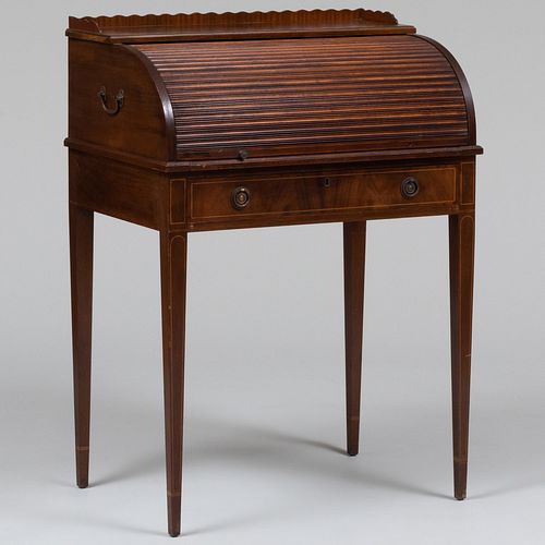 George III Style Inlaid Mahogany Cylinder Writing Desk