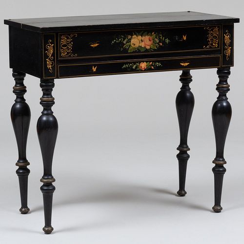 American Victorian Black and Polychrome Painted and Parcel-Gilt Spinet Writing Desk