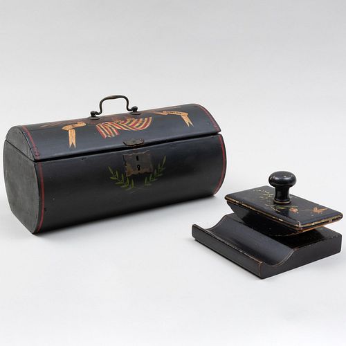 American Painted Wood Cylindrical Document Box, a Painted Wood Blotter and an Inkstand
