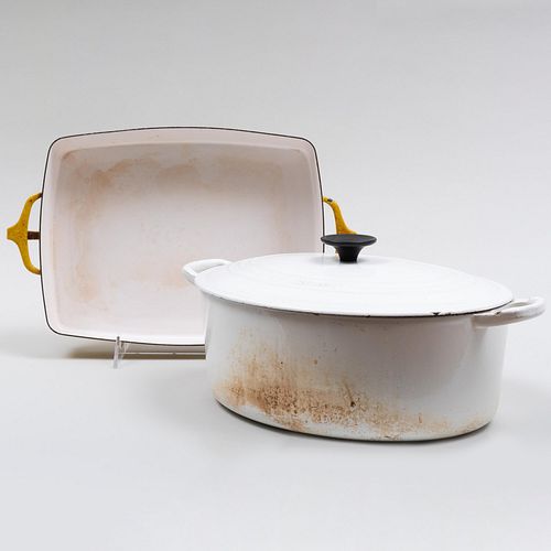 White Le Creuset Dutch Oven and Cover and a Yellow Baking Dish