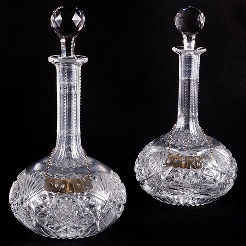 Pair of Cut Glass Decanters and Stoppers and a Pair of Napier Silver Bottle Tickets