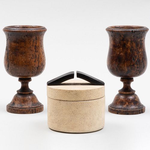 Pair of Turned Wood Goblets and a Shagreen Circular Box and Cover