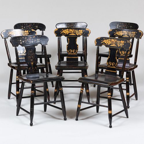 Assembled Group of Eight American Black-Painted and Gilt Stenciled Fancy Side Chairs