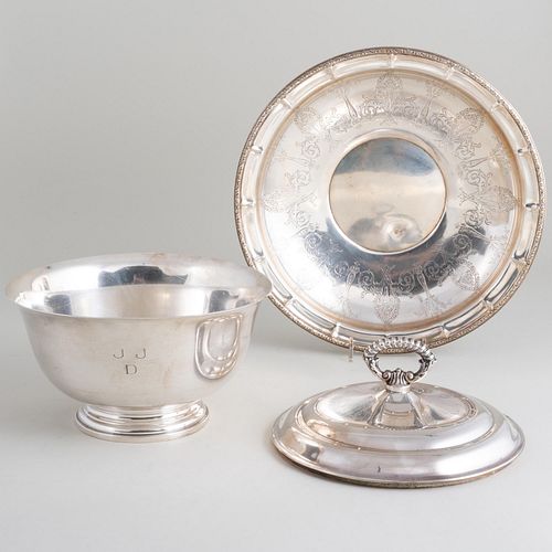 Cartier Silver Revere Style Bowl Monogrammed 'JJD', an International Silver Bowl and a Silver Plate Cover