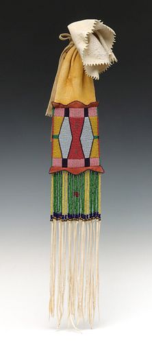 A CONTEMPORARY CROW STYLE BEADED HIDE TOBACCO BAG