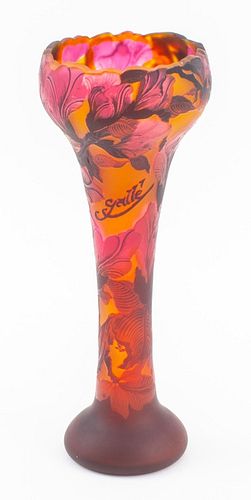 Emile Galle Fuschia & Amber Cameo Glass Vase