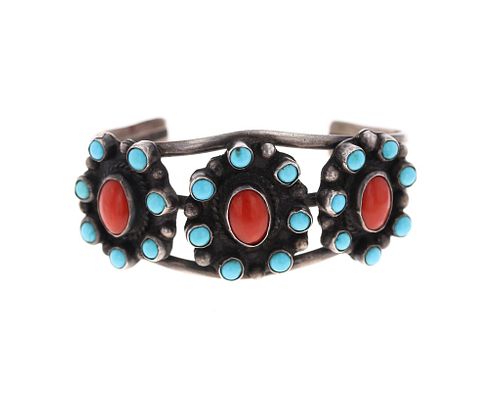 C. 1960's Navajo Vintage Pawn Turquoise Coral Cuff