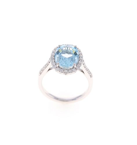 Halo Aquamarine VS Diamond & 14k White Gold Ring