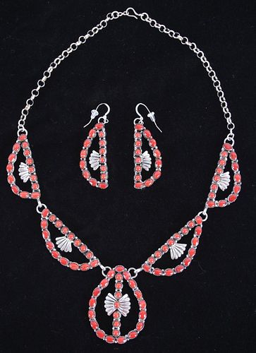 Navajo Rose Lincoln Red Coral Necklace & Earrings