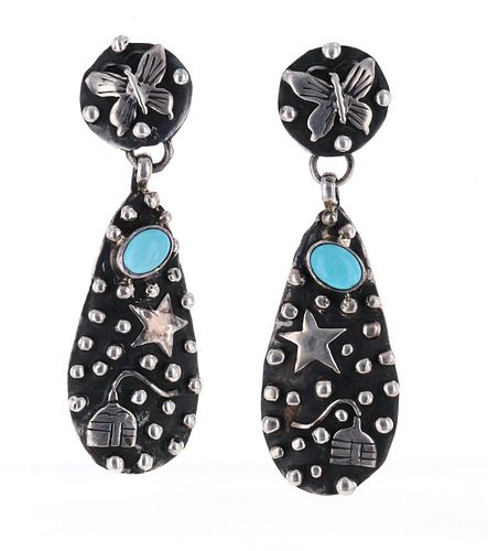Amazing Navajo Pictorial Silver Turquoise Earrings