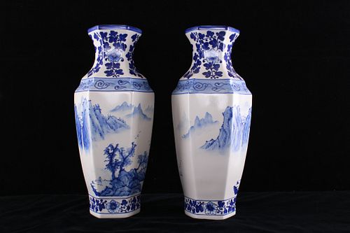 Japanese Hand Painted Blue on White Vase Pair
