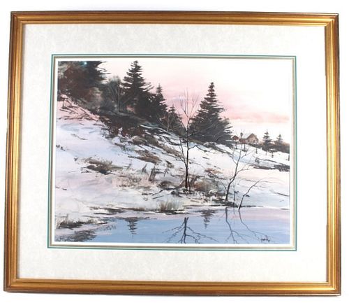 Original Watercolor and Oil Farm Winter Landscape