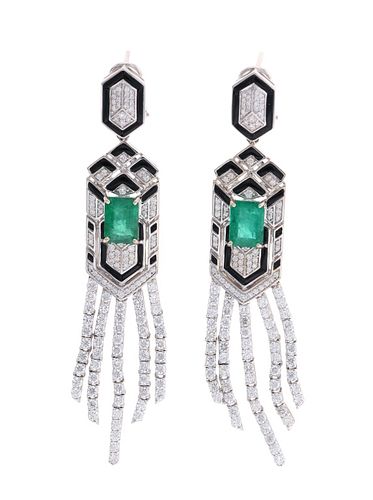 Opulent Emerald Diamond & 18k White Gold Earrings