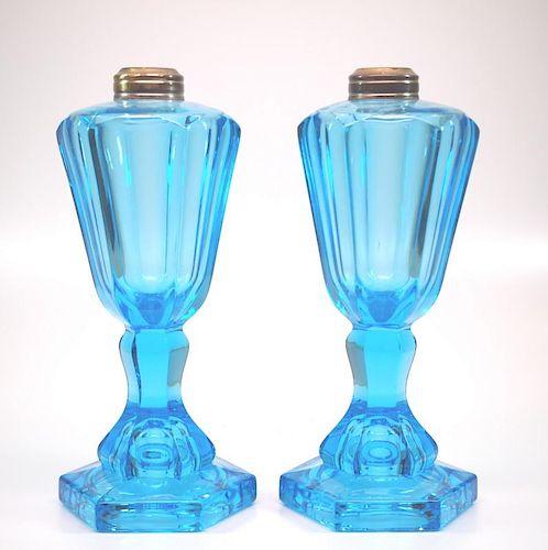 Pressed Hexagonal oil/fluid lamps, pair