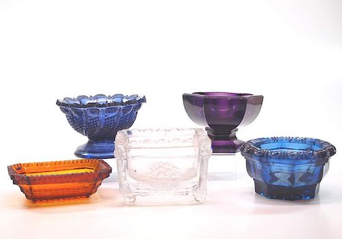 Pressed & lacy glass salt dishes, five