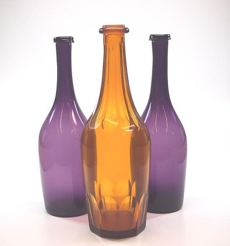 Free-blown and cut bottles, three