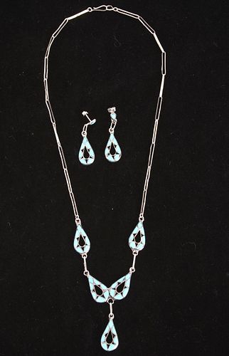 C. 1950 Zuni Turquoise Inlaid Necklace & Earrings