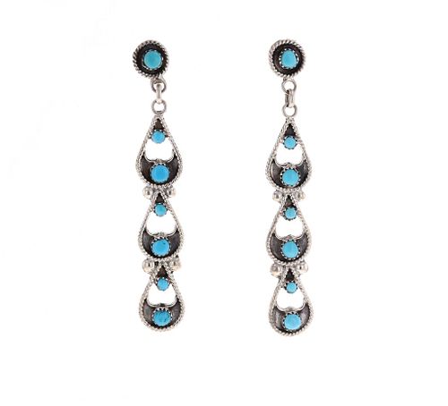 Zuni Silver And Turquoise Petit Point Earrings