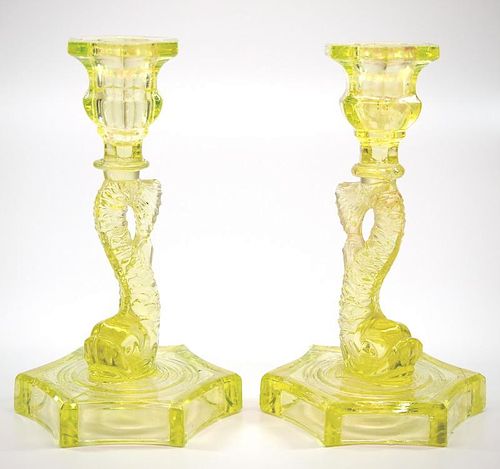 Pressed Dolphin candlesticks, pair